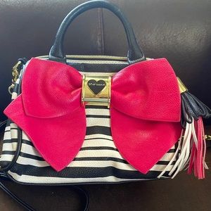 Betsey Johnson Black & White Satchel w/ Pink Bow & Shoulder Strap